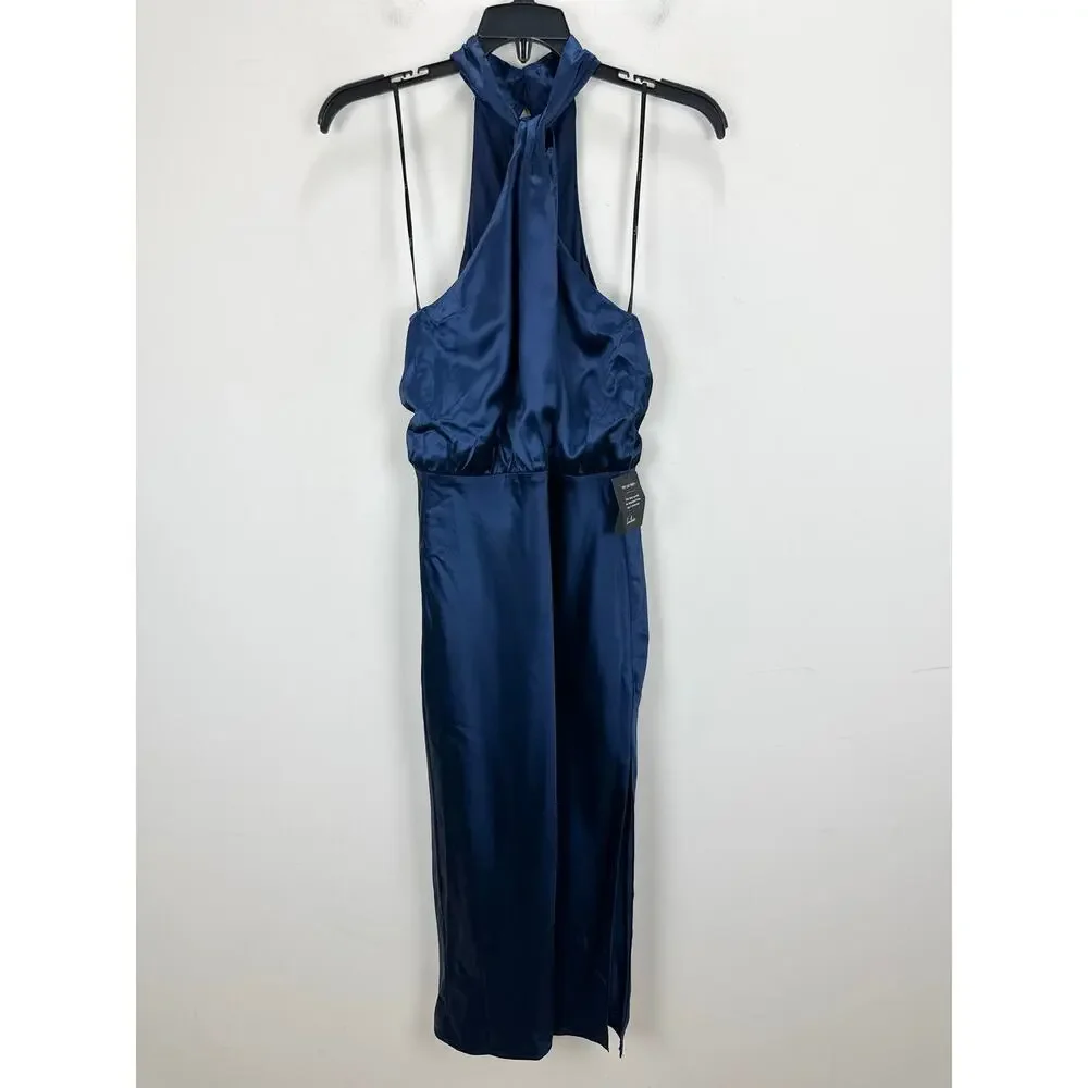 Lulus Jacey Navy Satin Halter Midi Dress Party Cocktail Classic Small NWT